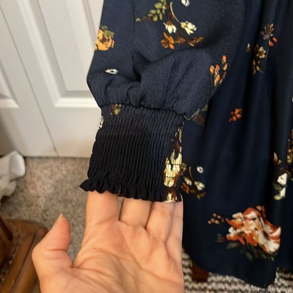 Fall Floral Cinched Elastic Waist Long Sleeved Dress - Picture 3 of 7